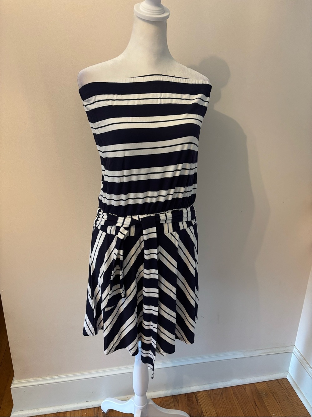 Striped Off-Shoulder Dark Navy and White Sundress